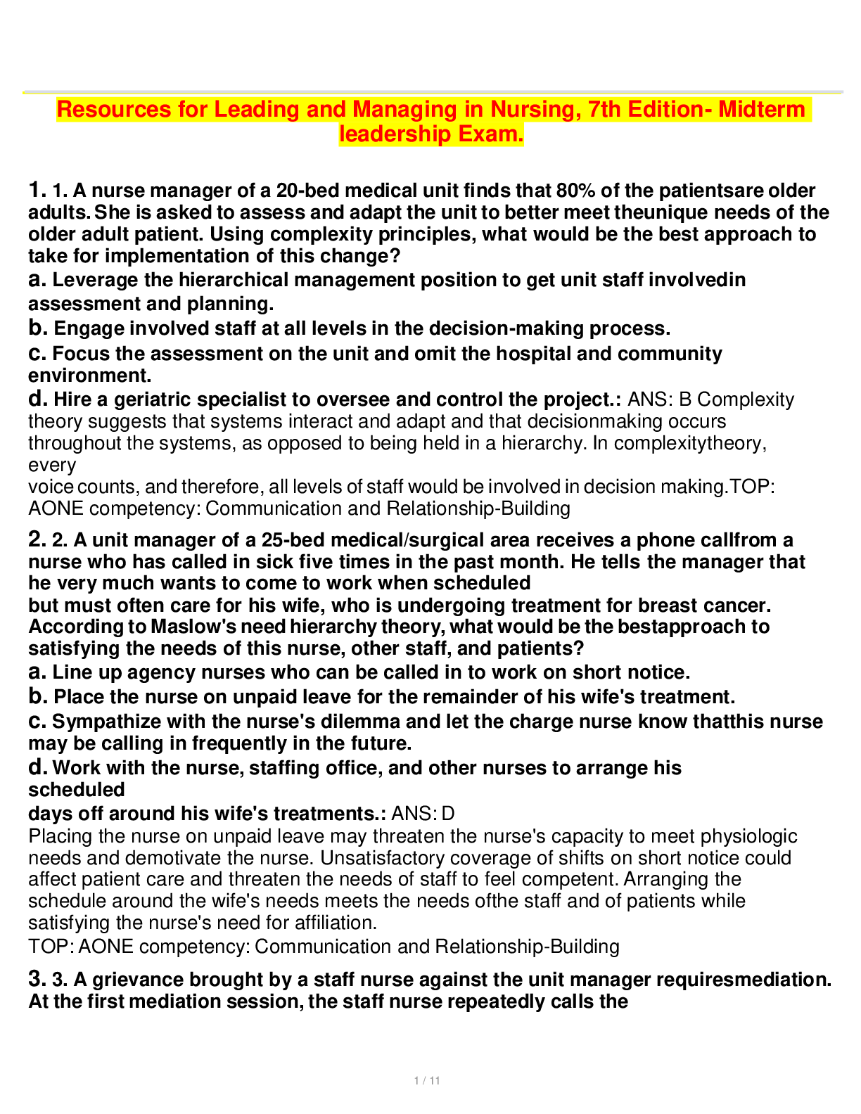 Preview image for Resources for Leading and Managing in Nursing, 7th Edition: Midterm leadership Exam.